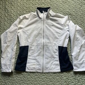 Nike Youth Large 14-16 Windbreaker Jacket White Blue Hooded Full Zip Mesh Lined